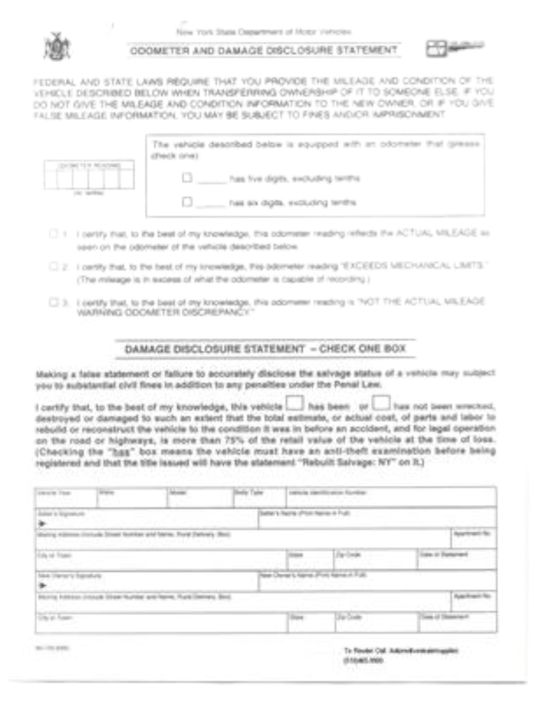 NYS Odometer Statement 100 CT Automotive Dealer Supplies